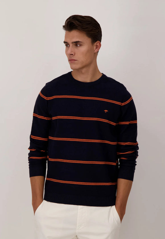 FYNCH HATTON Striped Cotton Jumper in Navy