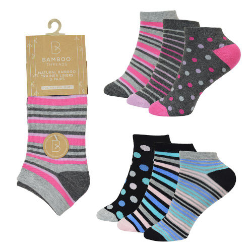 Ladies Bamboo Stripe/Spot Design Trainer Socks