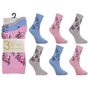 Ladies Pastel Floral Ankle Socks - 3 Pair Pack