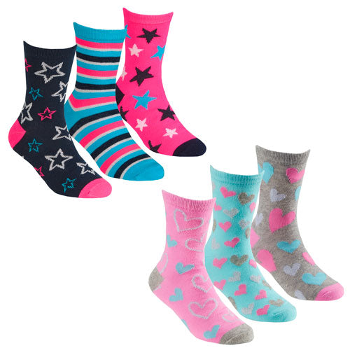 Girls Stars & Hearts Socks - 3 Pair Packs