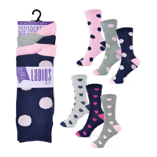 Ladies Spot/Heart Socks - 3 Pair Pack