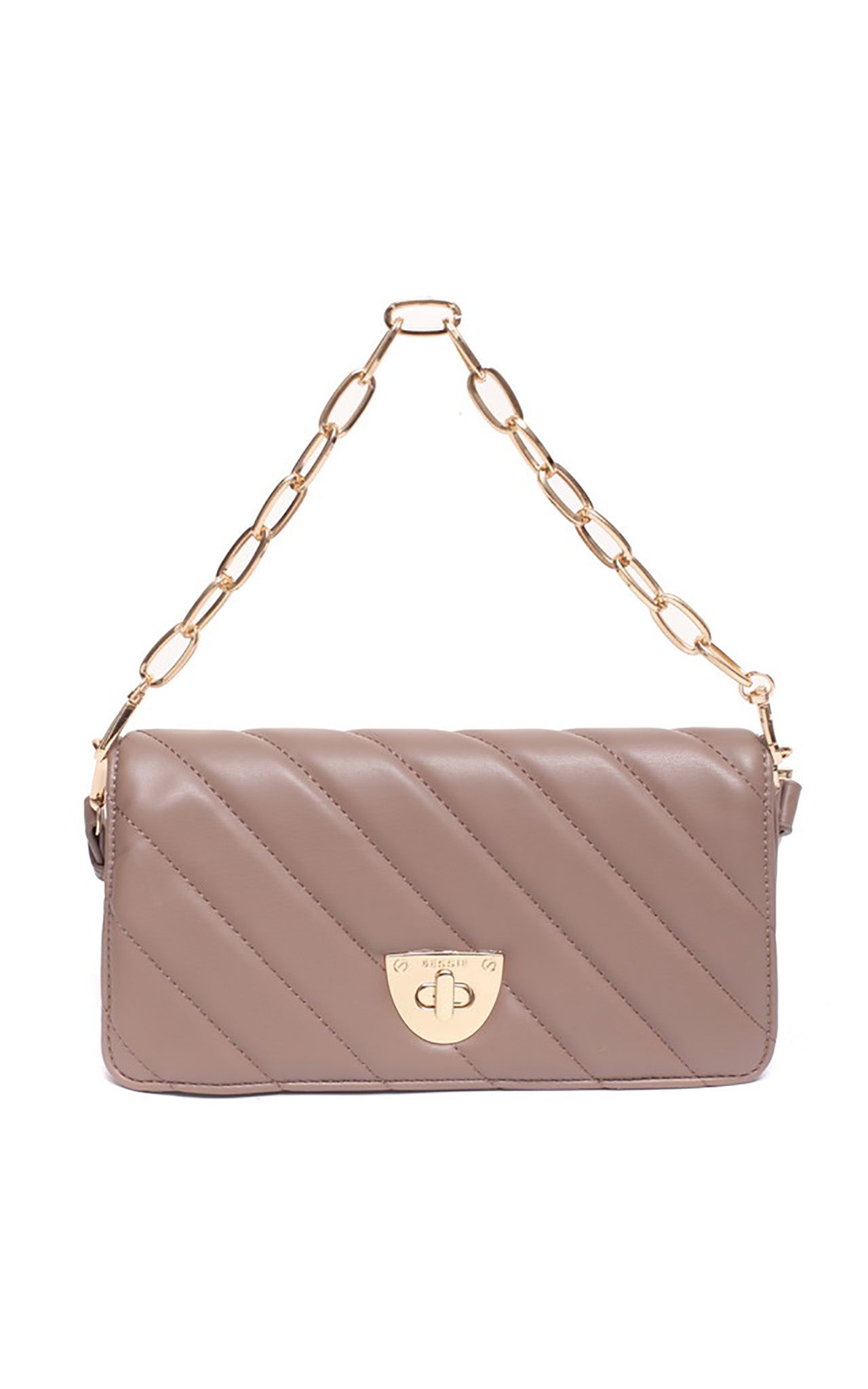 Quilted Ring Chained Shoulder Bag Tan, BESSIE LONDON